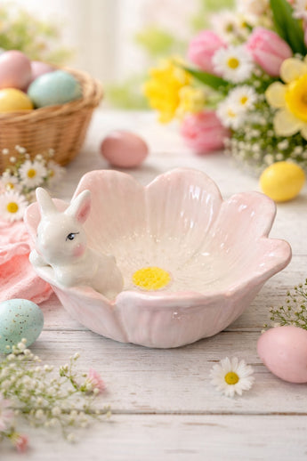 New Pink Easter Bunny Flower Shaped Serving Dish Bowl Decorative Spring Decor