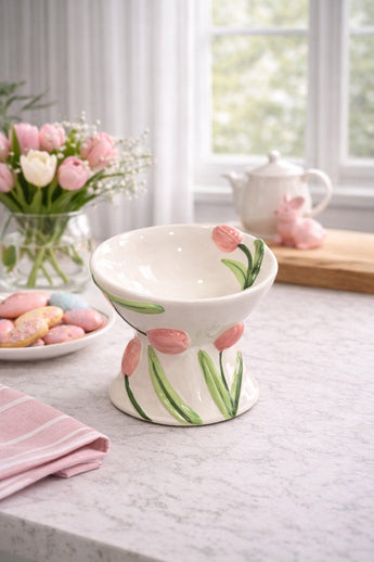 New Pink Tulip Flower Ceramic Raised Tilted Cat Small Dog Pedestal Bowl