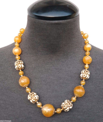 Vintage 1970's Plastic White & Yellow Bead (Retro) Costume Jewelry Necklace