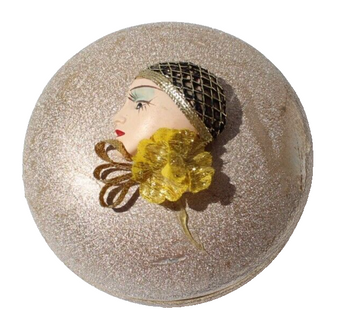 Vtg 1930s Gold / Silver Round Jewelry Trinket Box Ceramic Flapper Girl Taiwan