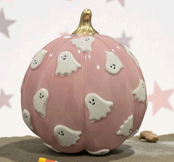 New Ceramic Opal Pink & White Pumpkin Baby Ghosts Halloween Holiday Decor