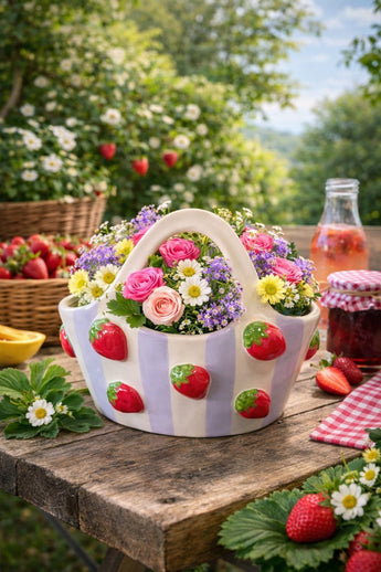 New Purple / Red Strawberries Motifs Basket Bag Ceramic Flower Vase Room Decor