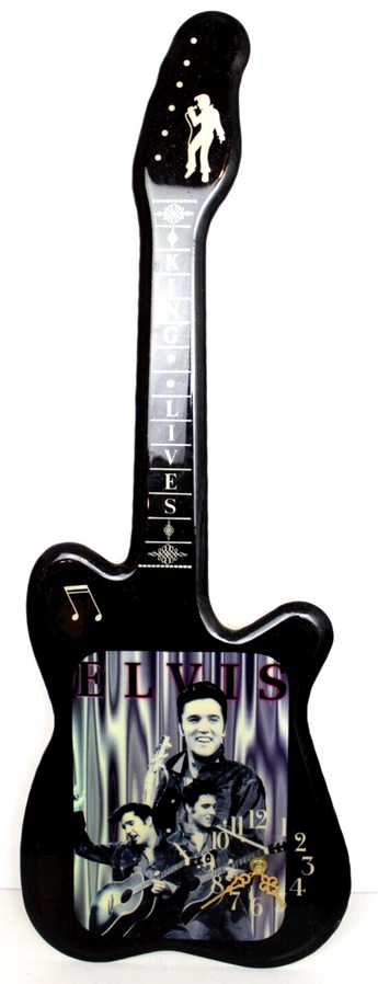 Vtg Retro King ELVIS PRESLEY GUITAR WOOD LACQUERED W/ GLITTER WALL ART CLOCK