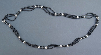 Vtg Long Black Beaded W/ Mini Gold Beads & Pearl Rocks Costume Necklace Jewelry