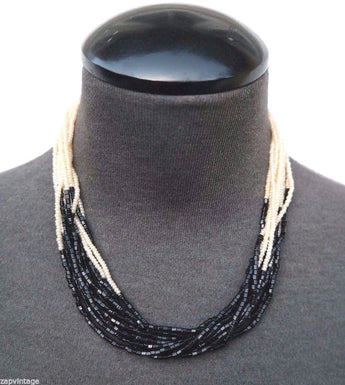 Vintage 1950's Cream / Black 12 Stand Beaded Choker Costume Jewelry Necklace