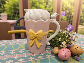 New Pastel Pink Cupcake W/ Sprinkles & Bow Ceramic Easter Bunny Water Pitcher