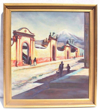 Vtg No Name Spanish Town City W/ Mountain Top El Camino Sanat Fe Oil Painting