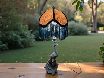 New Blue Boho Peacock Table Lamp W/ Wicker Shade W/ Tassels Fringe Room Decor