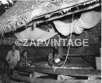 Vintage WWII Japanese Family In Grass Hut Sewing Photo Image #1776