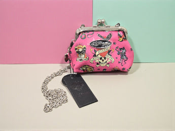 New Pink ED HARDY Mini Crossbody Chain Kiss Lock Coin Purse Charms Bag Crossbody