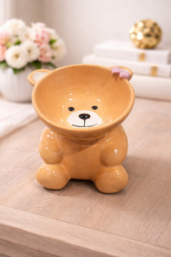 New Brown Girl Teddy Bear Pet Cat Dog Water Food Ceramic Raised Tilted Bowl