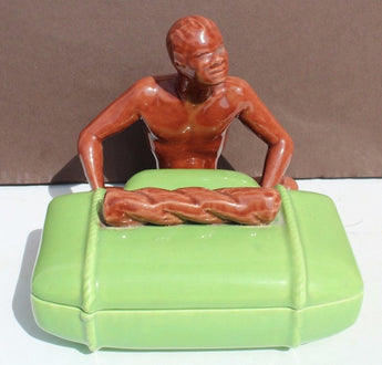 Rare VTG AFRICAN TRIBAL Man Porcelain CANDY DISH TRINKET BOX Cigarette Holder