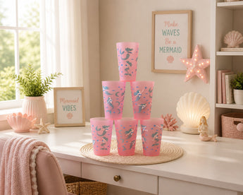 6 New Pink Ocean Mermaid Plastic Indoor Outdoor Party Beverage Cup Set
