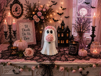 New White Ghost Bride W/ Pink Rose Bouquet Wedding Spooky Halloween Figurine