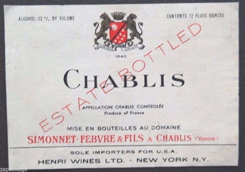 Vintage 1960 Chablis Simonnet Febvre & Fils Paper French WINE LABEL Henri Wines