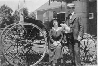 Vintage 1920-1930's B&W Husband & Wife Sitting On Wagon On Farm Photo