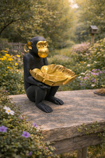 New Funny LARGE Gold / Black Monkey W/ Leaf Trinket Bowl Dish Room Decor Figure