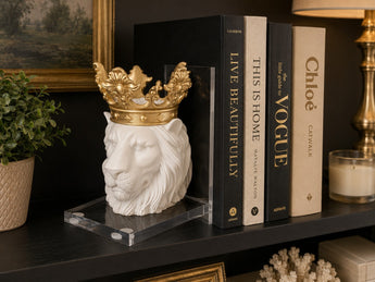 New White Lion Head W/ Gold Crown Royal King Resin Shelf Office Bookend