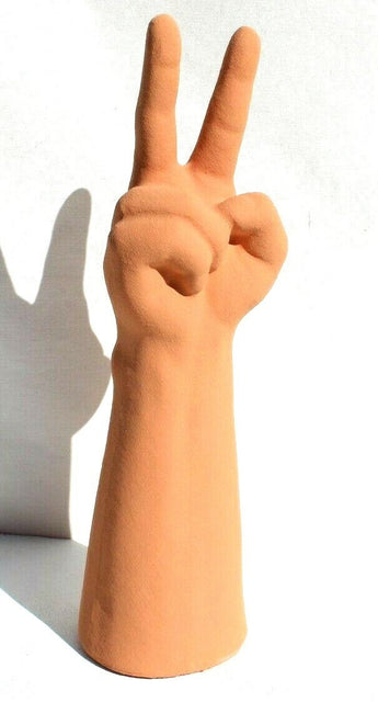 New Tan OK Peace Sign Hippy Sign Clay Figurine Room Decor Statue 12 1/2" Tall