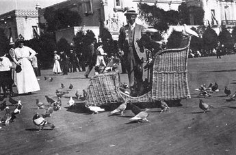 Vintage 1920s Black & White Photo - Man In Park Feeding Pigeons