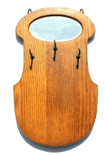 Vintage Antique Wood 3 Ring Key / Brush Holder Hook Wall Hanging Mirror