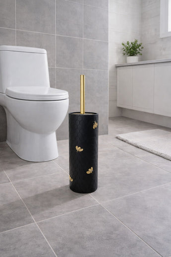 New Black / Gold Bumble Bee Honey Comb Bathroom Brush and Holder Set