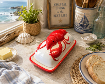 New Ceramic Red Lobster Seafood Coastal Nautical Beach Kitchen Butter Dish