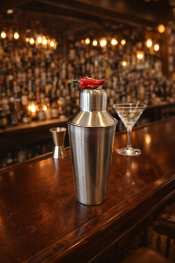 New Silver Metal Bar Cocktail Shaker Martini Shaker W/ Hot Chili Pepper On Top