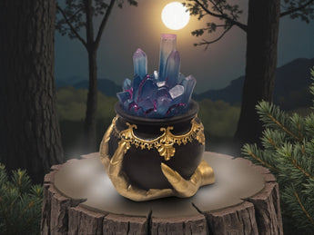 New Halloween Spooky Light Up Blue Crystal Black Cauldron W/ Witch Hand Decor