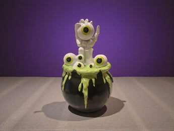 New Halloween Spooky Green Black Cauldron W/ Skeleton Hand and Eyeball Stew