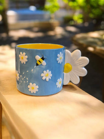 New Bee Daisy Flower Mug Blue Yellow Ceramic Cup 3D Handle Springe Coffee Tea