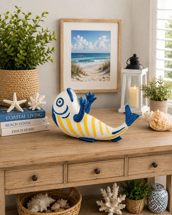 New Blue Yellow Funny Tropical Fish Wine Bottle Holder Coastal Beach House Bar