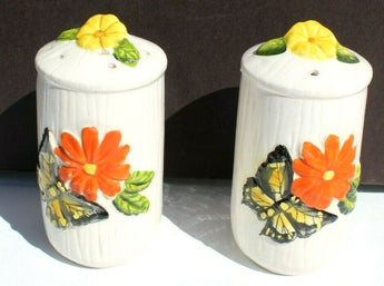 Vintage 1960s Large Log Butterfly & Flower Salt and Pepper Shakers Set