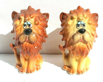 Vintage Brown Ceramic Funny Lion Salt and Pepper Shaker Set Dinnerware