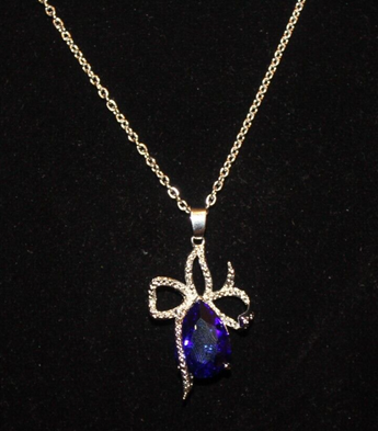 Vintage NOS Silver Blue Gemstone Bowtie Costume Cocktail Necklace Jewelry