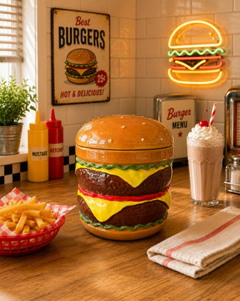 New Cheeseburger BBQ Grilling Ceramic Cookie Jar Kitchen Storage Room Decor