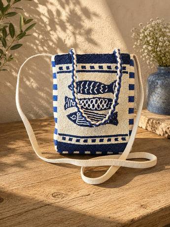 New Blue White Beaded Fish Sardines Toe Bag Nautical Coastal Crossbody Purse