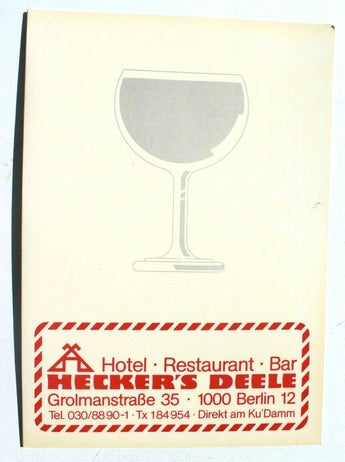 Vintage 1986 Heckers Deele Hotel Restaurant Bar Berlin Dinner Food Menu