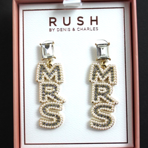 New MRS Beaded Wedding Bride Married Pearl Dangle Denis & Charles Earrings Set