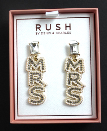 New MRS Beaded Wedding Bride Married Pearl Dangle Denis & Charles Earrings Set