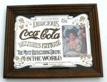 Vtg 1970's Coca Cola Mirror Sign Relieves Fatigue 11"x14" Wood Frame Wall Decor
