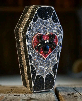 New LRG Black & Red Spider On Heart Halloween Beaded Coffin Box Storage Box