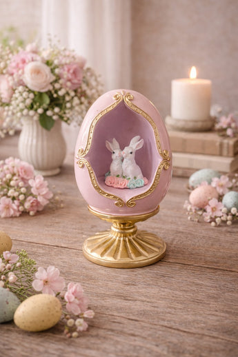 New Easter Diorama Pink Gold Egg Pedestal Bunny Rabbit Resin Figurine Decor 9.5"