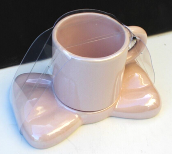 New Pink Girly Ceramic Coffee Cup Mug Tea W/ Bow Handle & Saucer Plate Set Gift