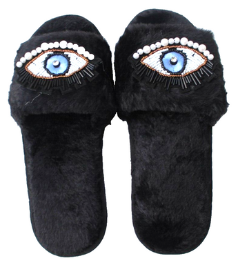 New Black Cozy Bedroom Beaded Evil Eye Furry Slippers W/ Rubber Sole Size 7.5.-8