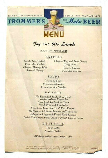 Vintage 1940's Paper Trommer's (The Malt Beer) Restaurant Menu