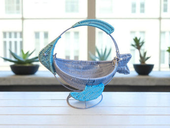 New Blue Wicker Puff Fish Bread Basket Decorative Rattan Beach Decor Nautical