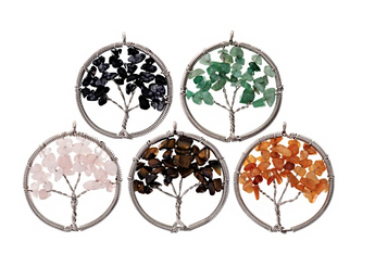 5pc Tree Of Life Chips Pendant Set Qtz Aventurine Quartzite Rose Qtz Tiger Eye