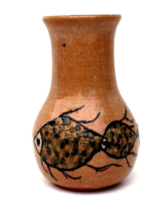 Vintage Inscribed Fish 1970s Art Pottery Flower Vase