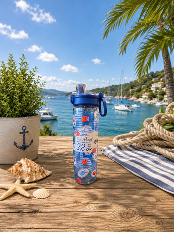 New 32oz Blue Red Leak Proof Nautical Seashell Lobster Flip Top Water Bottle
